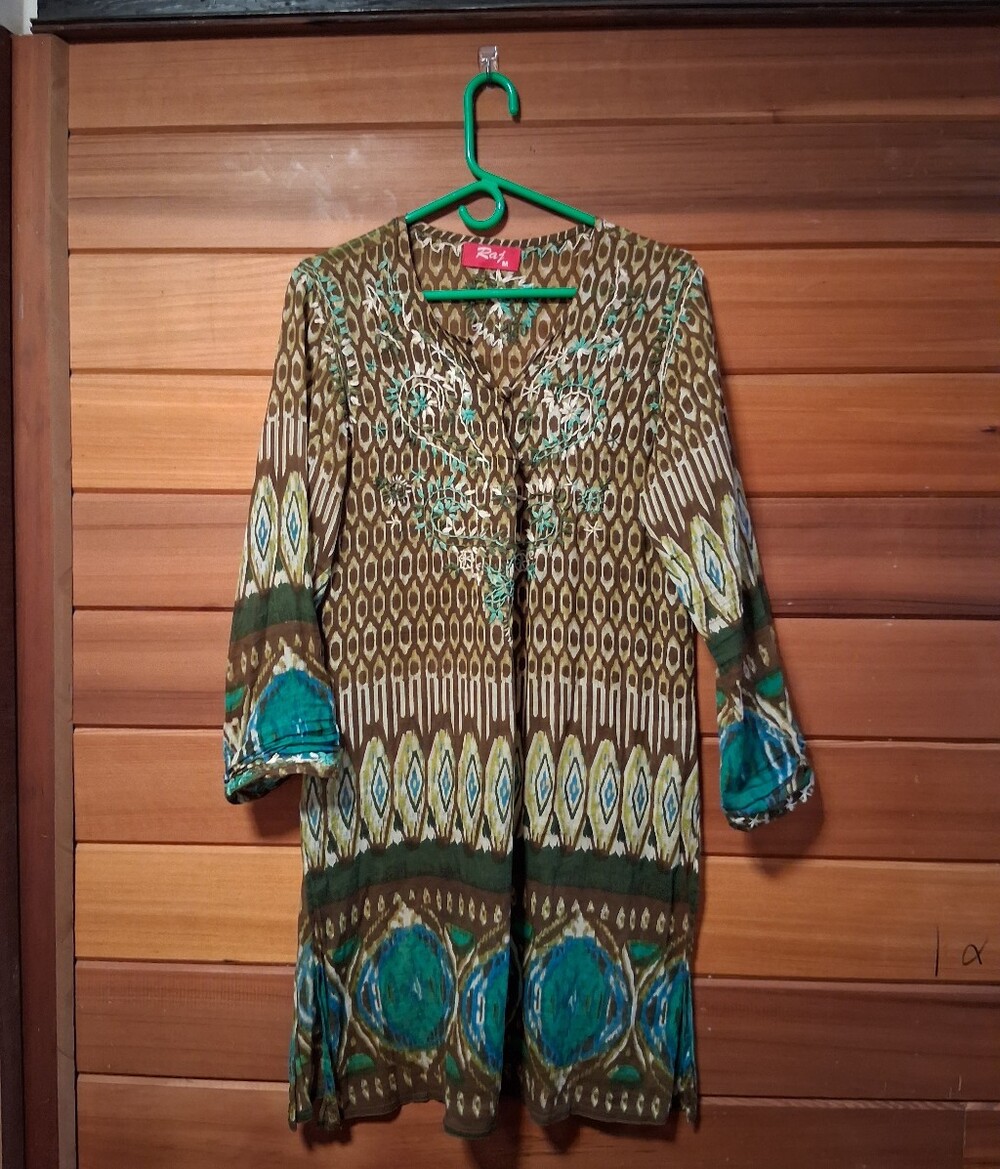 🔅Raj Olive Printed Top with Teal & Cream Floral Embroidery